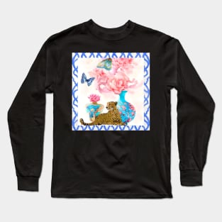 Leopard and chinoiserie jar with peonies Long Sleeve T-Shirt